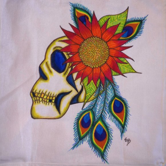 Handmade Tote Bag Hand Drawn Skull Sunflower and Peacock Feathers 14x13x7 NWT - Picture 1 of 16